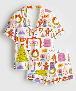 Women's Whimsical Christmas Hand Drawn Xmas Cozy Winter Short Sleeve Satin Pajama Set