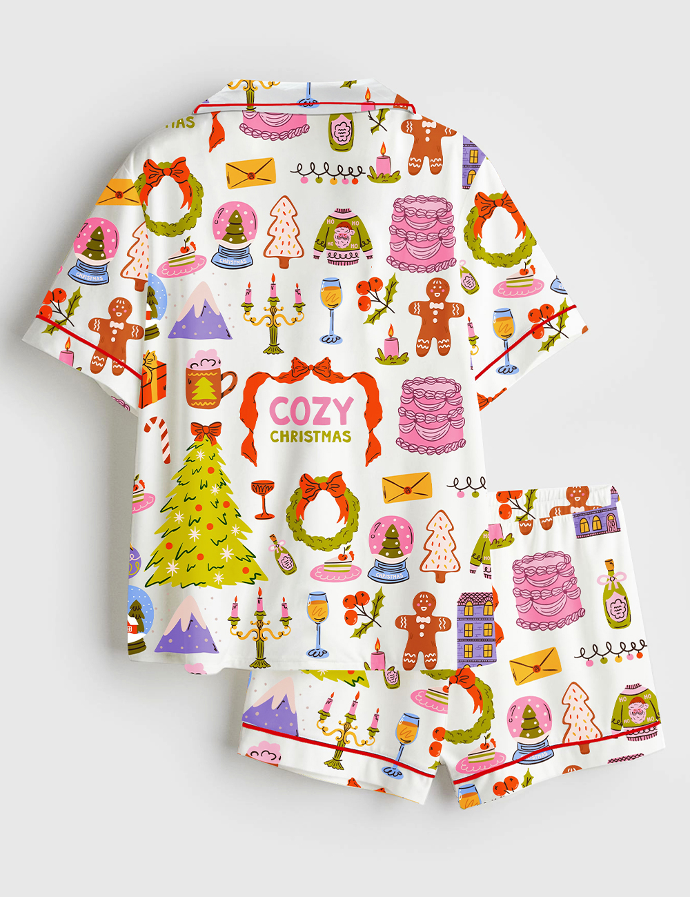 Women's Whimsical Christmas Hand Drawn Xmas Cozy Winter Short Sleeve Satin Pajama Set - Image 2