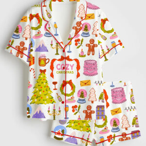 Women's Whimsical Christmas Hand Drawn Xmas Cozy Winter Short Sleeve Satin Pajama Set