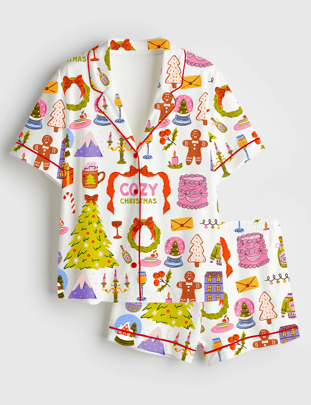 Women's Whimsical Christmas Hand Drawn Xmas Cozy Winter Short Sleeve Satin Pajama Set