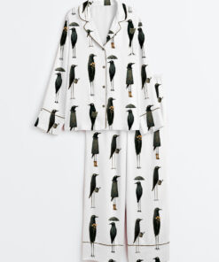 Women's Whimsical Crows Quirky Black Raven Birding F-Caw-F Long Sleeve Satin Pajama Set
