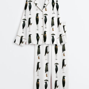 Womenâ€™s Whimsical Crows Quirky Black Raven Birding F-Caw-F Long Sleeve Satin Pajama Set
