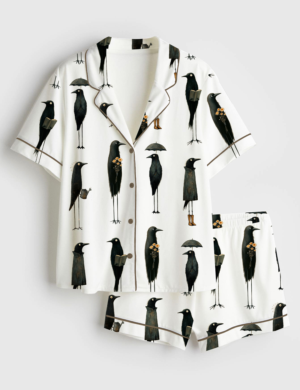 Women's Whimsical Crows Quirky Black Raven Birding F-Caw-F Short Sleeve Satin Pajama Set