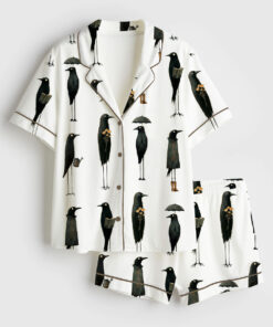 Women's Whimsical Crows Quirky Black Raven Birding F-Caw-F Short Sleeve Satin Pajama Set