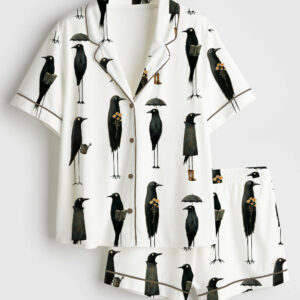 Womenâ€™s Whimsical Crows Quirky Black Raven Birding F-Caw-F Short Sleeve Satin Pajama Set