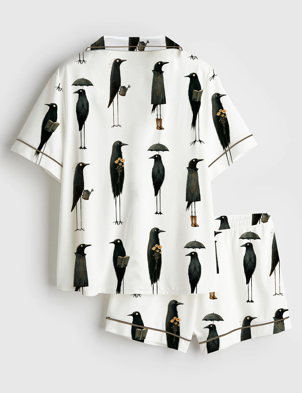Women's Whimsical Crows Quirky Black Raven Birding F-Caw-F Short Sleeve Satin Pajama Set - Image 2