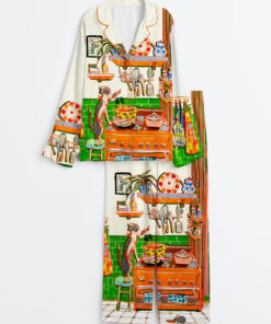 Women's Whimsical Dinner Time Dog Art Print Long Sleeve Satin Pajama Set