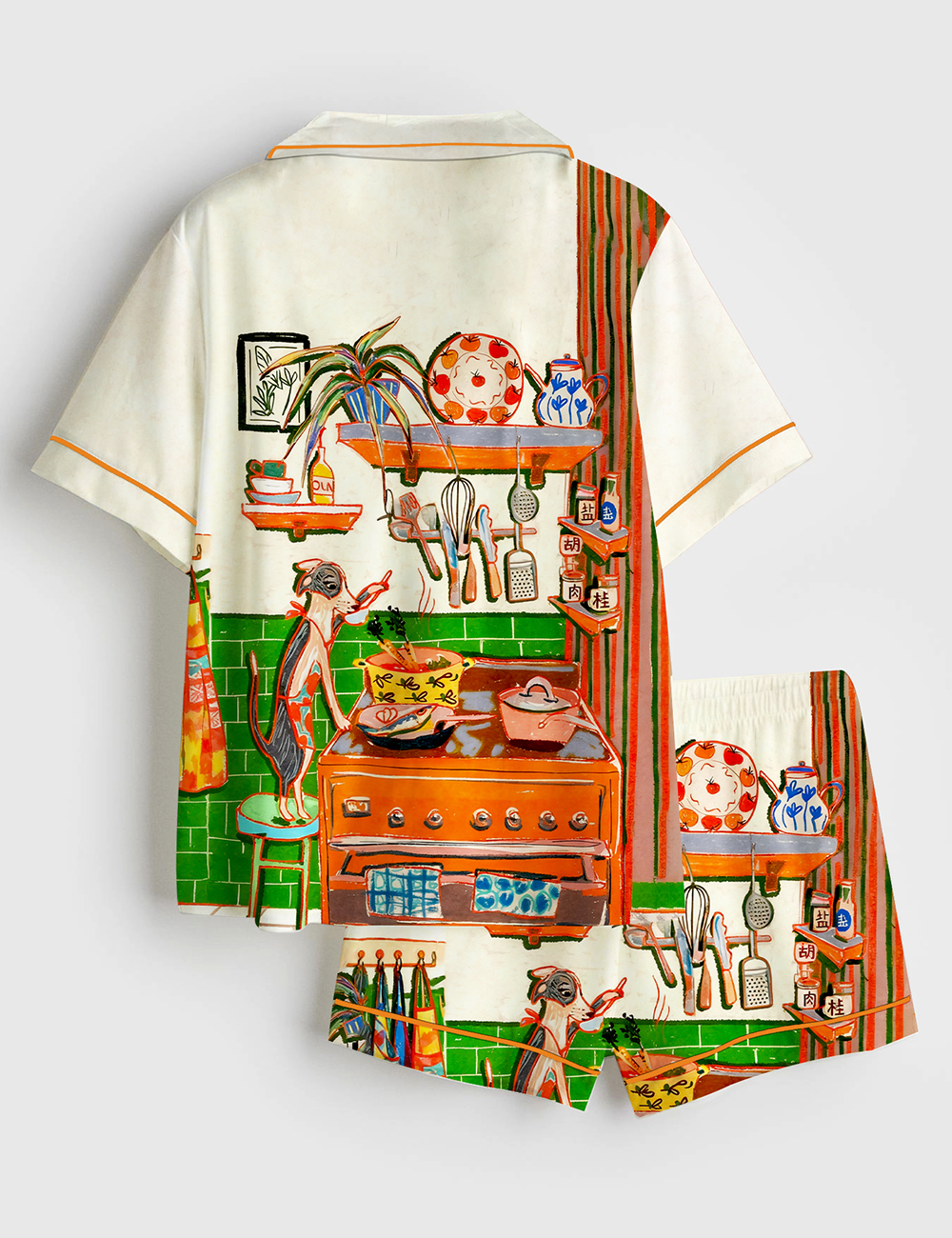 Women's Whimsical Dinner Time Dog Art Print Short Sleeve Satin Pajama Set - Image 2