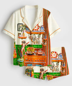 Women's Whimsical Dinner Time Dog Art Print Short Sleeve Satin Pajama Set