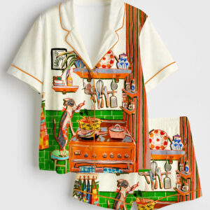 Women's Whimsical Dinner Time Dog Art Print Short Sleeve Satin Pajama Set