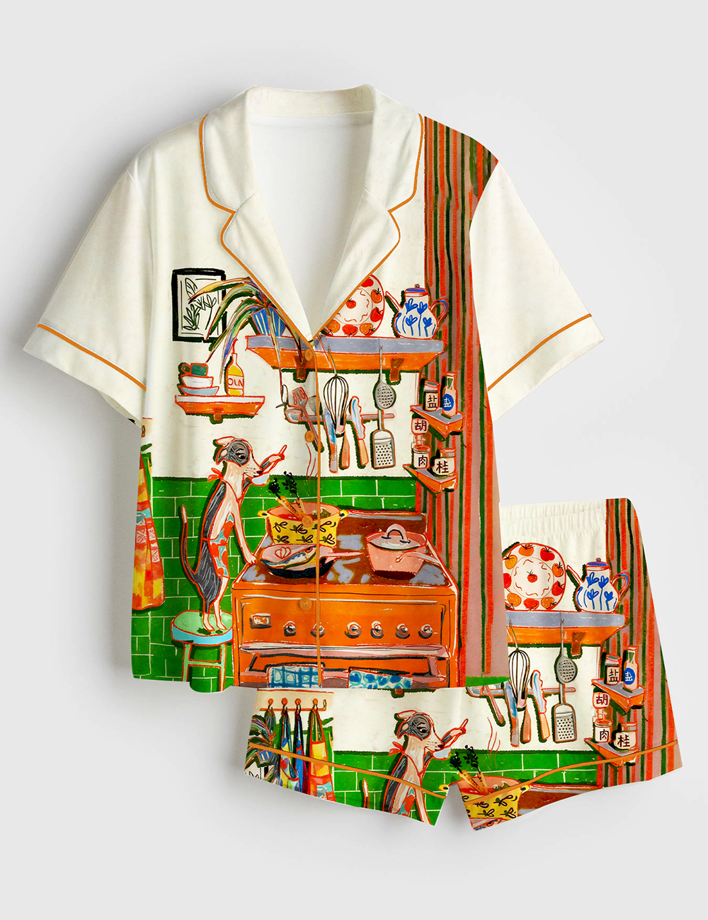 Women's Whimsical Dinner Time Dog Art Print Short Sleeve Satin Pajama Set