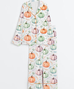 Women's Whimsical Floral Pumpkins Long Sleeve Satin Pajama Set