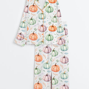Women's Whimsical Floral Pumpkins Long Sleeve Satin Pajama Set