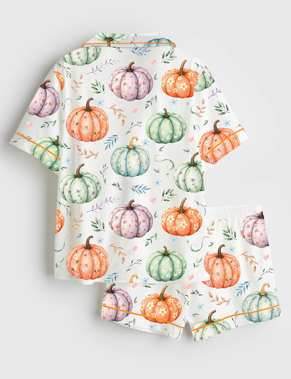 Women's Whimsical Floral Pumpkins Short Sleeve Satin Pajama Set - Image 2