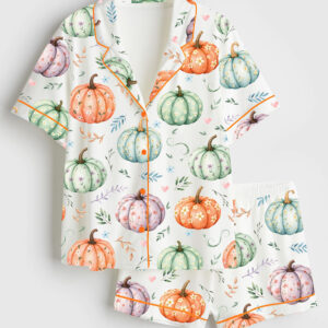 Women's Whimsical Floral Pumpkins Short Sleeve Satin Pajama Set