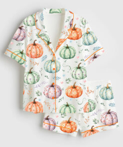 Women's Whimsical Floral Pumpkins Short Sleeve Satin Pajama Set