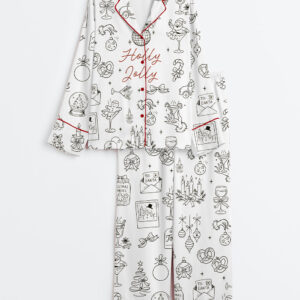 Womenâ€™s Whimsical Hand Drawn Christmas Holiday Icons Holly Jolly Holiday Long Sleeve Satin Pajama Set