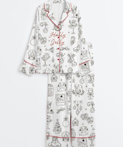 Women's Whimsical Hand Drawn Christmas Holiday Icons Holly Jolly Holiday Long Sleeve Satin Pajamas Set