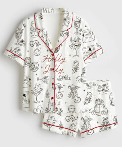 Women's Whimsical Hand Drawn Christmas Holiday Icons Holly Jolly Holiday Short Sleeve Satin Pajama Set