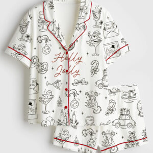 Women's Whimsical Hand Drawn Christmas Holiday Icons Holly Jolly Holiday Short Sleeve Satin Pajama Set