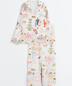 Women's Whimsical Hand Drawn Watercolor Wedding Dolce Vita Summer Print Long Sleeve Satin Pajama Set