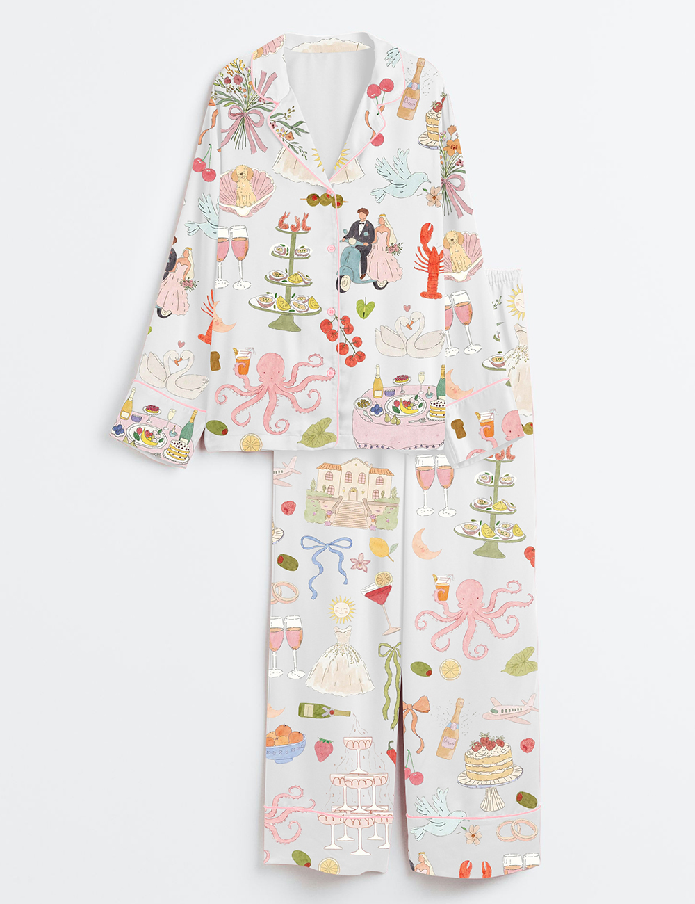 Womenâ€™s Whimsical Hand Drawn Watercolor Wedding Dolce Vita Summer Print Long Sleeve Satin Pajama Set