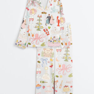 Women's Whimsical Hand Drawn Watercolor Wedding Dolce Vita Summer Print Long Sleeve Satin Pajamas Set