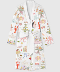 Women's Whimsical Hand Drawn Watercolor Wedding Dolce Vita Summer Print Satin Bathrobe