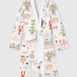 Womenâ€™s Whimsical Hand Drawn Watercolor Wedding Dolce Vita Summer Print Satin Bathrobe
