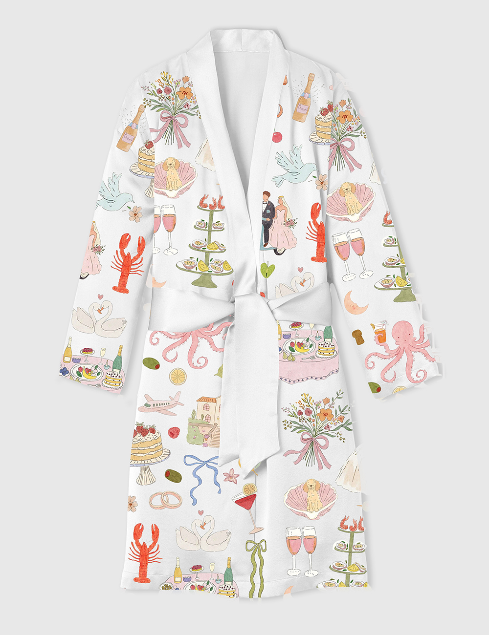 Womenâ€™s Whimsical Hand Drawn Watercolor Wedding Dolce Vita Summer Print Satin Bathrobe