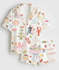 Women's Whimsical Hand Drawn Watercolor Wedding Dolce Vita Summer Print Short Sleeve Satin Pajama Set