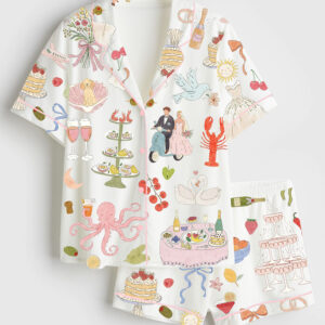 Womenâ€™s Whimsical Hand Drawn Watercolor Wedding Dolce Vita Summer Print Short Sleeve Satin Pajama Set