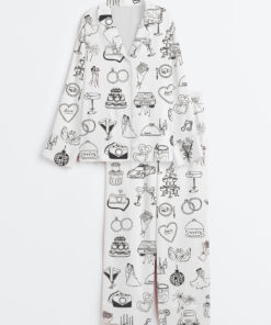 Women's Whimsical Hand Drawn Wedding Timeline Icons Champagne Wedding Print Long Sleeve Satin Pajama Set