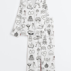 Women's Whimsical Hand Drawn Wedding Timeline Icons Champagne Wedding Print Long Sleeve Satin Pajama Set