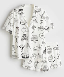 Women's Whimsical Hand Drawn Wedding Timeline Icons Champagne Wedding Print Short Sleeve Satin Pajama Set
