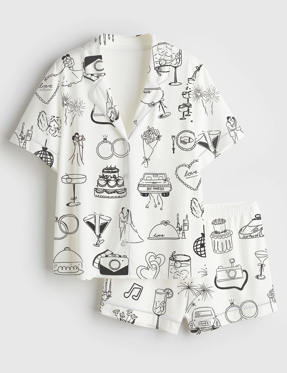 Womenâ€™s Whimsical Hand Drawn Wedding Timeline Icons Champagne Wedding Print Short Sleeve Satin Pajama Set