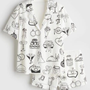 Women's Whimsical Hand Drawn Wedding Timeline Icons Champagne Wedding Print Short Sleeve Satin Pajama Set