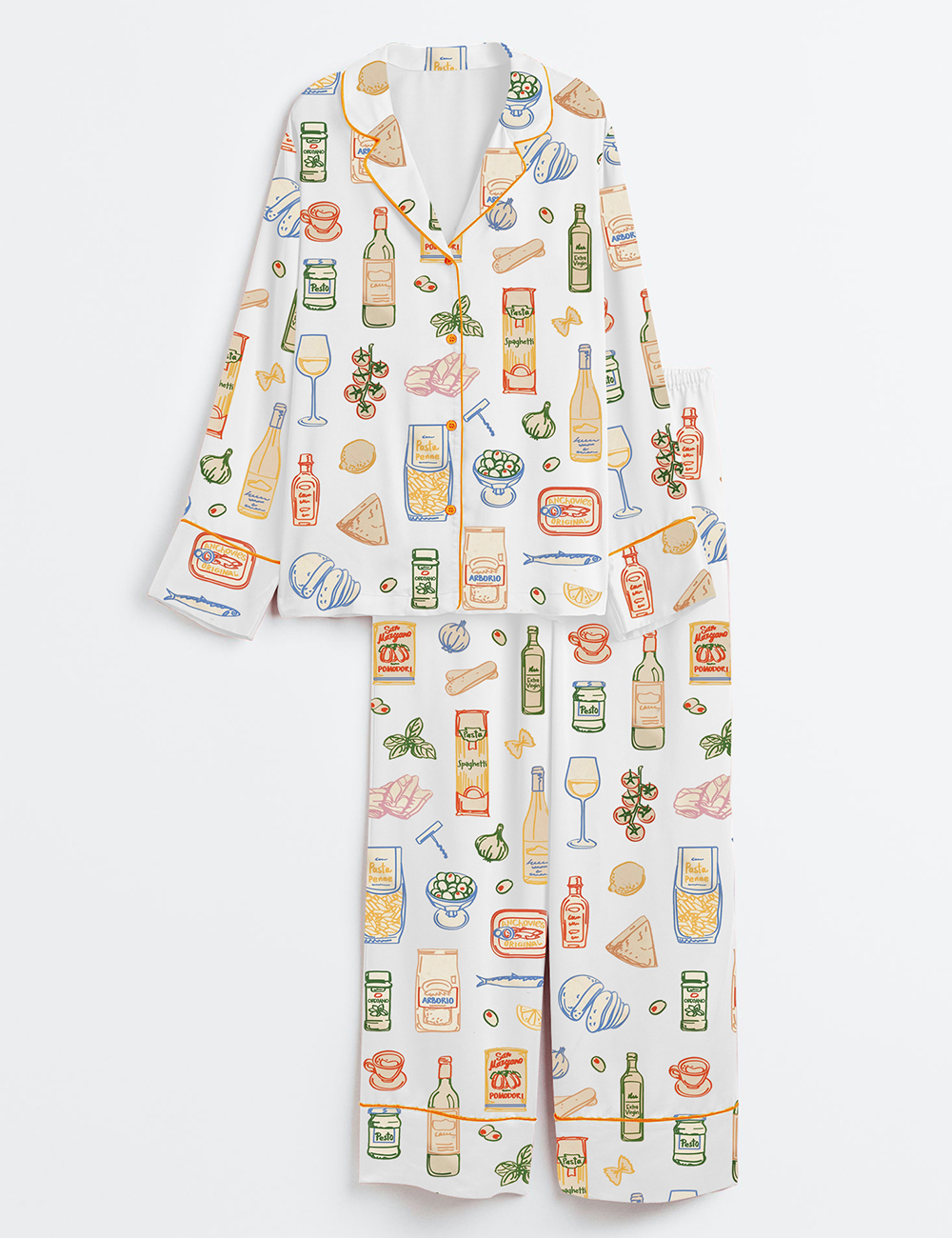 Womenâ€™s Whimsical Ingredient Sketch Italian San Marzano Mediterranean Food Long Sleeve Satin Pajama Set