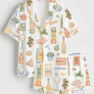 Womenâ€™s Whimsical Ingredient Sketch Italian San Marzano Mediterranean Food Short Sleeve Satin Pajama Set