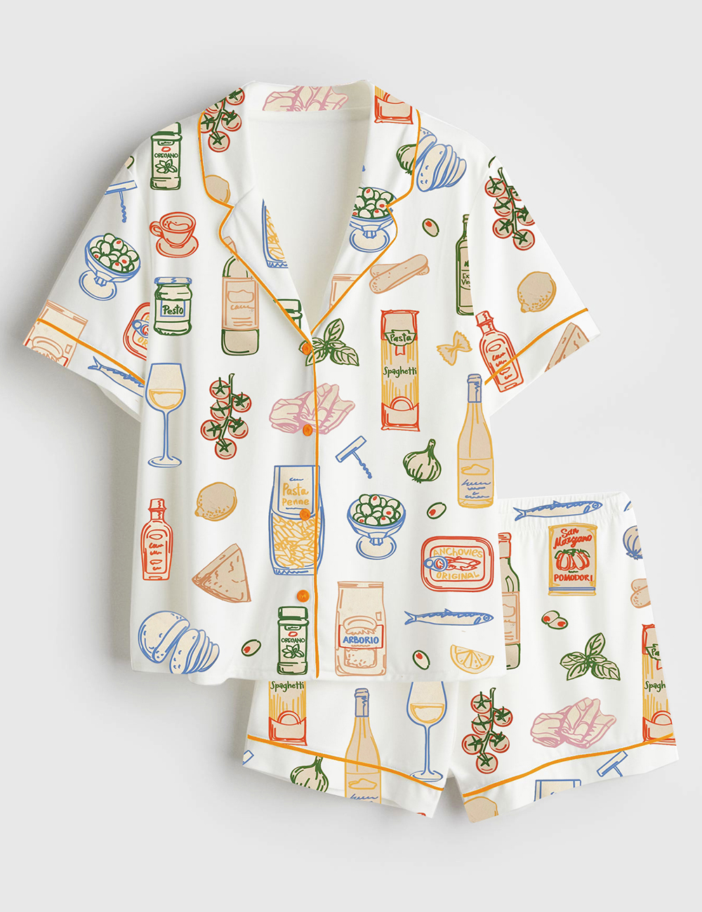 Womenâ€™s Whimsical Ingredient Sketch Italian San Marzano Mediterranean Food Short Sleeve Satin Pajama Set
