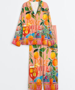 Women's Whimsical La Dolce Vita Italy Painted Retro Watercolor Italian Oranges Wall Art Print Long Sleeve Satin Pajama Set