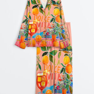 Women's Whimsical La Dolce Vita Italy Painted Retro Watercolor Italian Oranges Wall Art Print Long Sleeve Satin Pajama Set