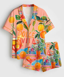 Women's Whimsical La Dolce Vita Italy Painted Retro Watercolor Italian Oranges Wall Art Print Short Sleeve Satin Pajama Set