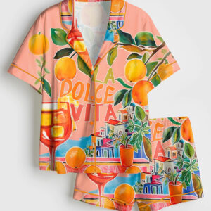 Women's Whimsical La Dolce Vita Italy Painted Retro Watercolor Italian Oranges Wall Art Print Short Sleeve Satin Pajama Set