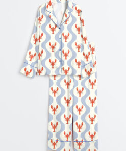 Women's Whimsical Lobster Nautical Beach Coastal Marine Print Long Sleeve Satin Pajama Set
