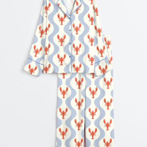 Women's Whimsical Lobster Nautical Beach Coastal Marine Print Long Sleeve Satin Pajamas Set
