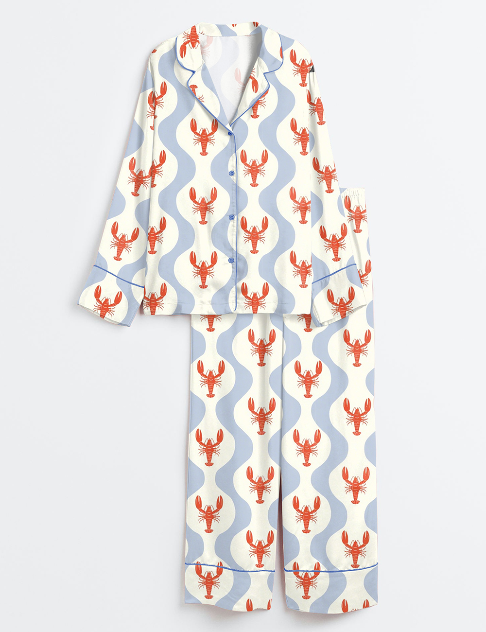 Women's Whimsical Lobster Nautical Beach Coastal Marine Print Long Sleeve Satin Pajamas Set