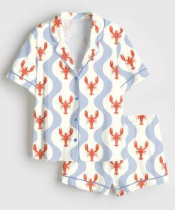 Women's Whimsical Lobster Nautical Beach Coastal Marine Print Short Sleeve Satin Pajama Set