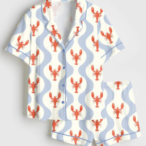 Women's Whimsical Lobster Nautical Beach Coastal Marine Print Short Sleeve Satin Pajama Set