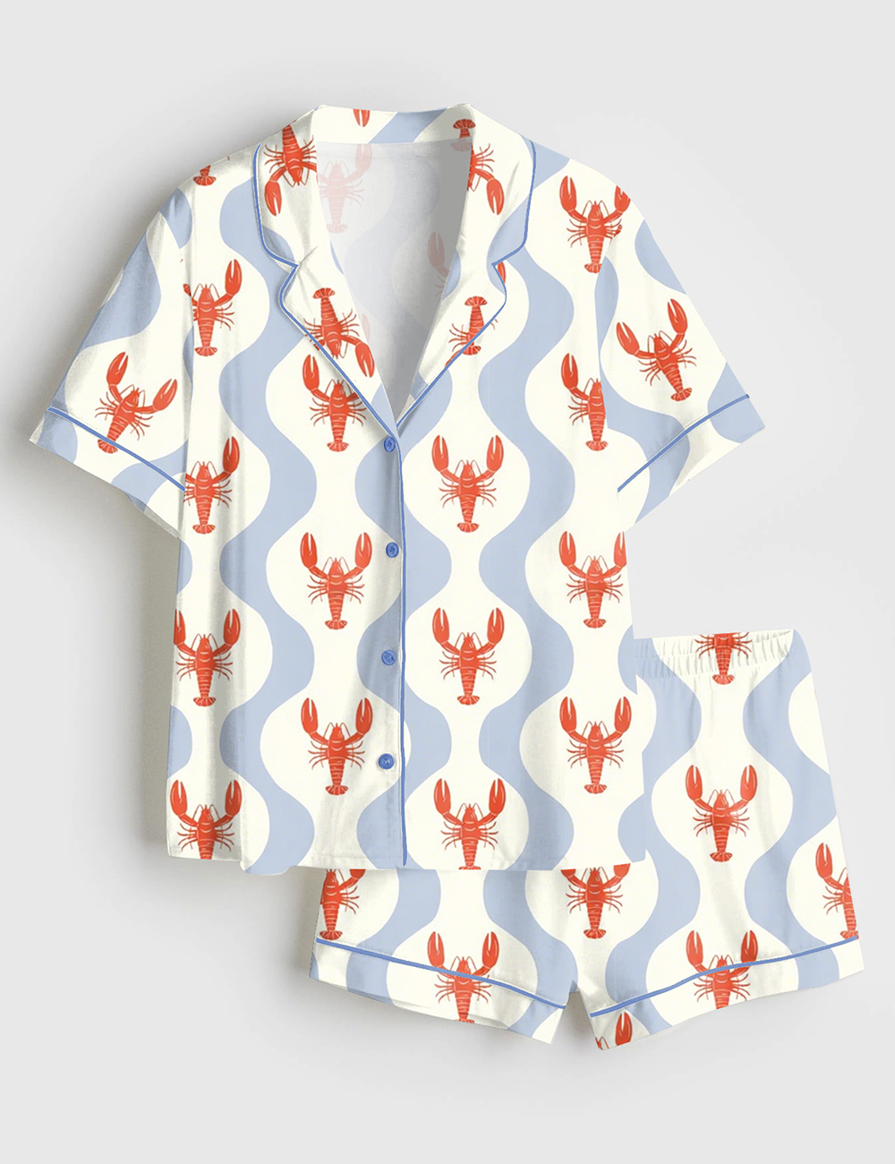 Women's Whimsical Lobster Nautical Beach Coastal Marine Print Short Sleeve Satin Pajama Set
